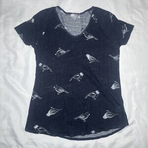 JCP JC Penny 100% Linen Navy Blue Bird Print Short Sleeve T-Shirt Size XL Summer
